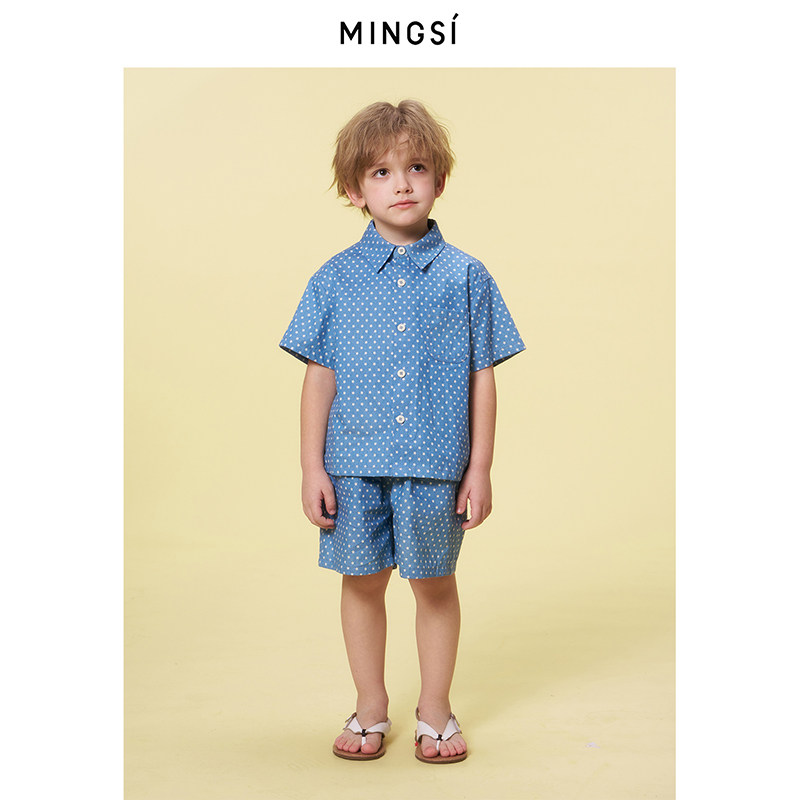 Mingsi童装夏季群青蓝星星满印衬衫短裤套装男孩中大童