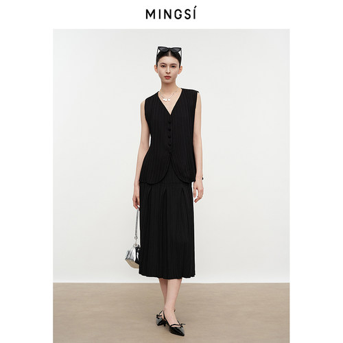 MINGSI女装夏季黑色立体压褶半裙