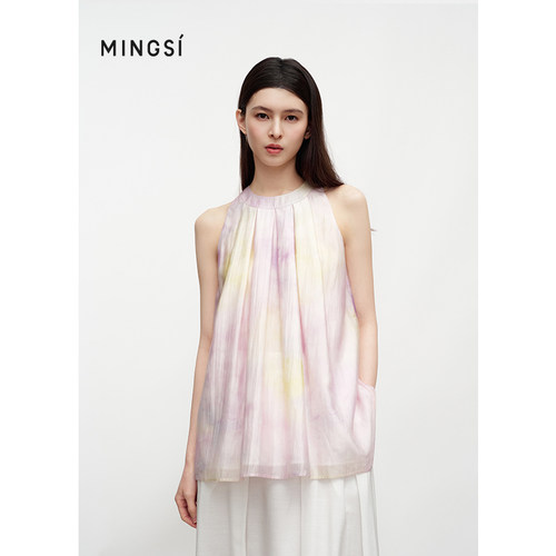 MINGSI仙气感修身花影挂脖小衫