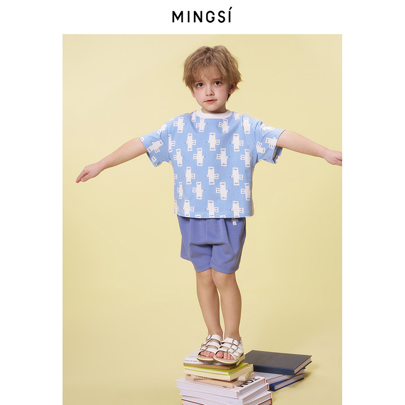 Mingsi童装夏群青蓝和平鸽棉感T恤短裤套装男童中大童MC202140908