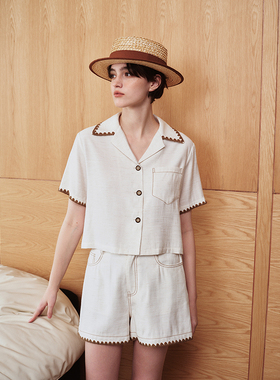 MINGSI x JEEN合作系列夏季精白色贝壳绣麻感短裤JB102230402S