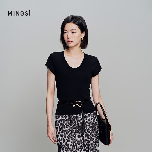 MINGSI女装黑色U领基础T恤