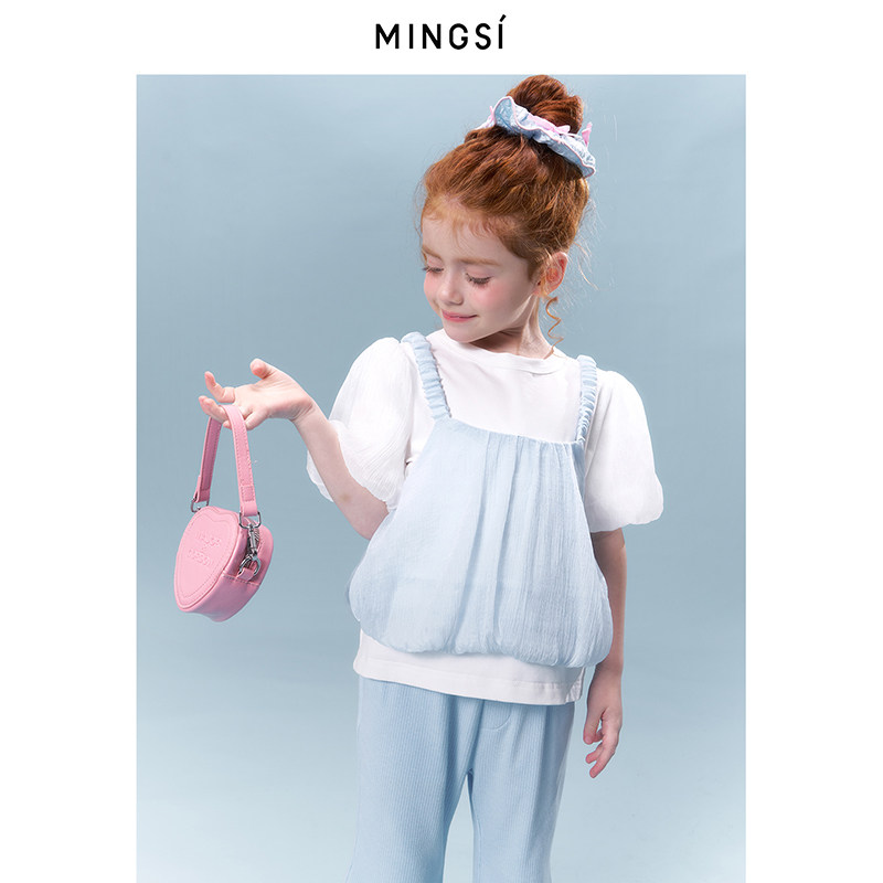 Mingsi童装夏季群青蓝花苞款两件套上衣喇叭裤套装中大童女童