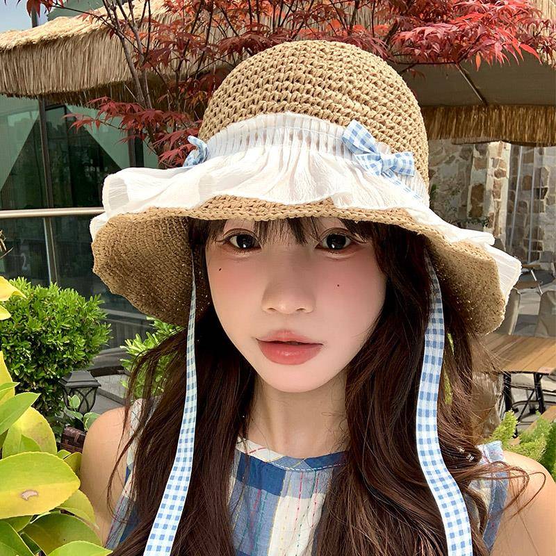 蕾丝蝴蝶结草编防晒帽女夏季大帽