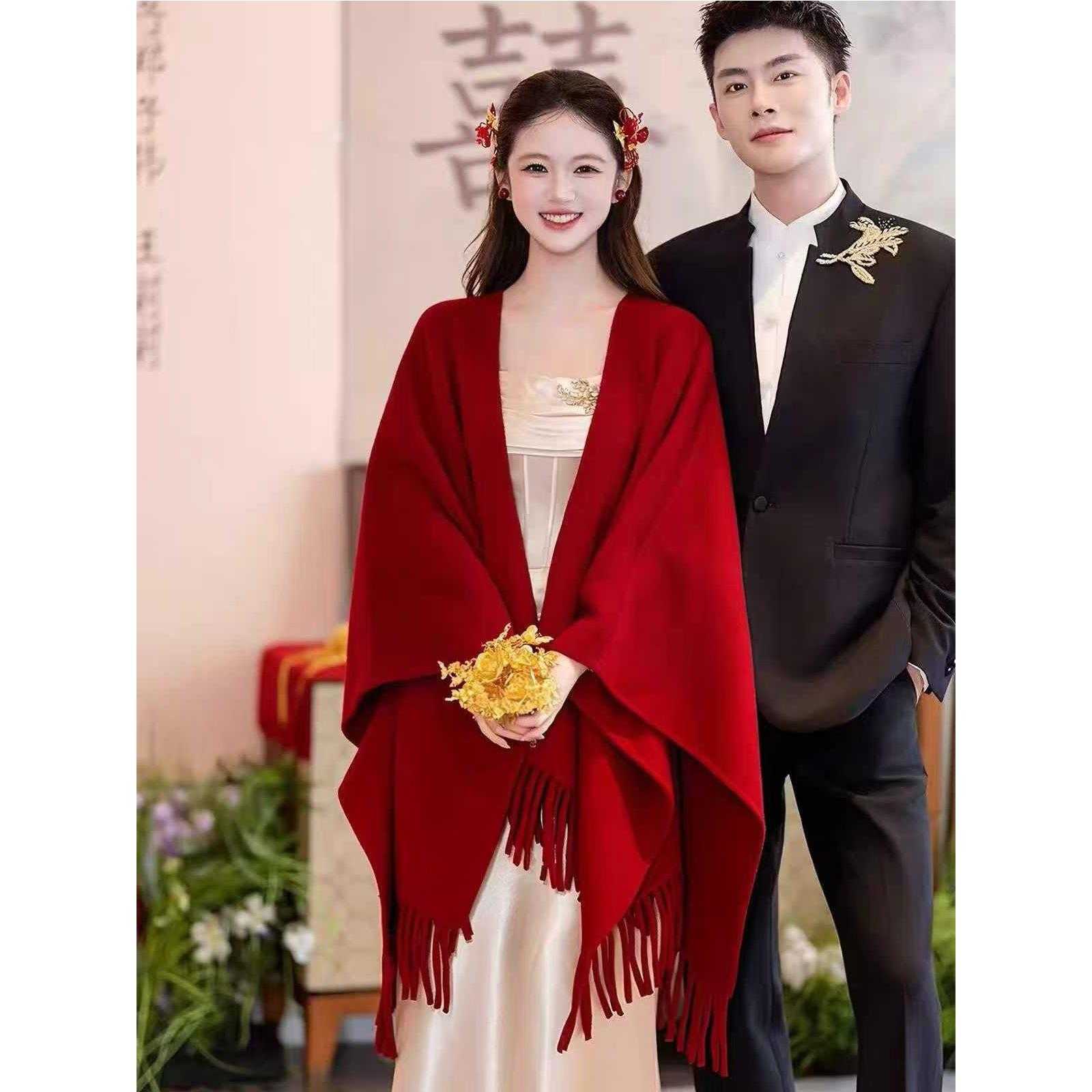 正红色新娘订婚结婚披肩女秋冬仿