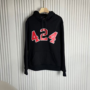 校长在线 秋冬季自主424加绒连帽卫衣黑红印花设计高街宽松帽衫男