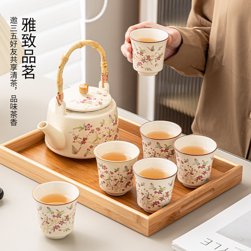 2025新款汝窑提梁壶功夫茶具套组家用陶瓷简约大号茶壶泡茶杯茶盘