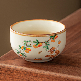 柿子猫咪汝窑品茗杯主人杯复古开片可养汝瓷茶杯女士中式功夫茶具