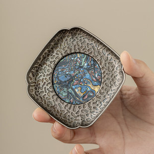 中式缎纹合金杯垫隔热茶杯托防滑金属茶碟复古做旧带收纳架组合装