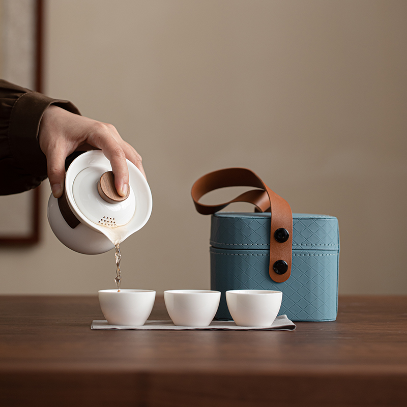 羊脂玉白瓷旅行茶具套装一壶三杯快客杯户外便携式泡茶壶茶杯茶具
