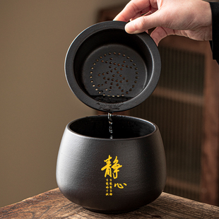 黑陶茶渣缸陶瓷茶洗建水过滤带盖废水缸孟大号桌面垃圾桶茶水分离
