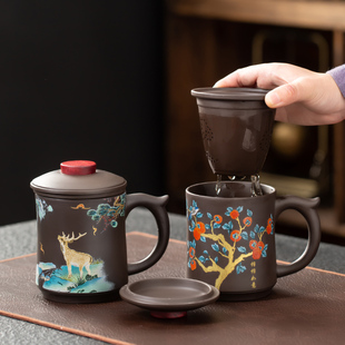 个人家用喝水大容量主人杯 紫砂杯带盖过滤内胆泡茶杯办公带把男士