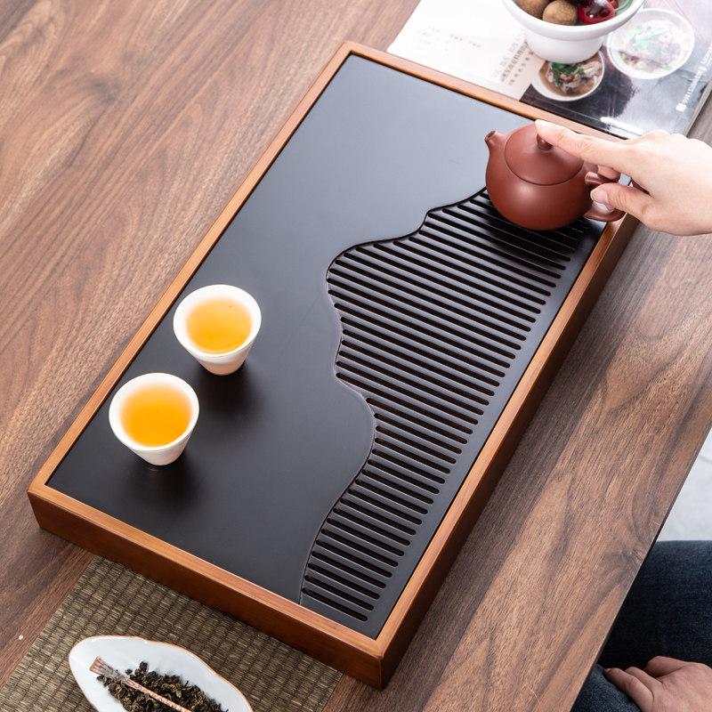 简约干炮台托盘茶盘家用轻奢现代小型沥储水式茶台功夫茶具竹茶海