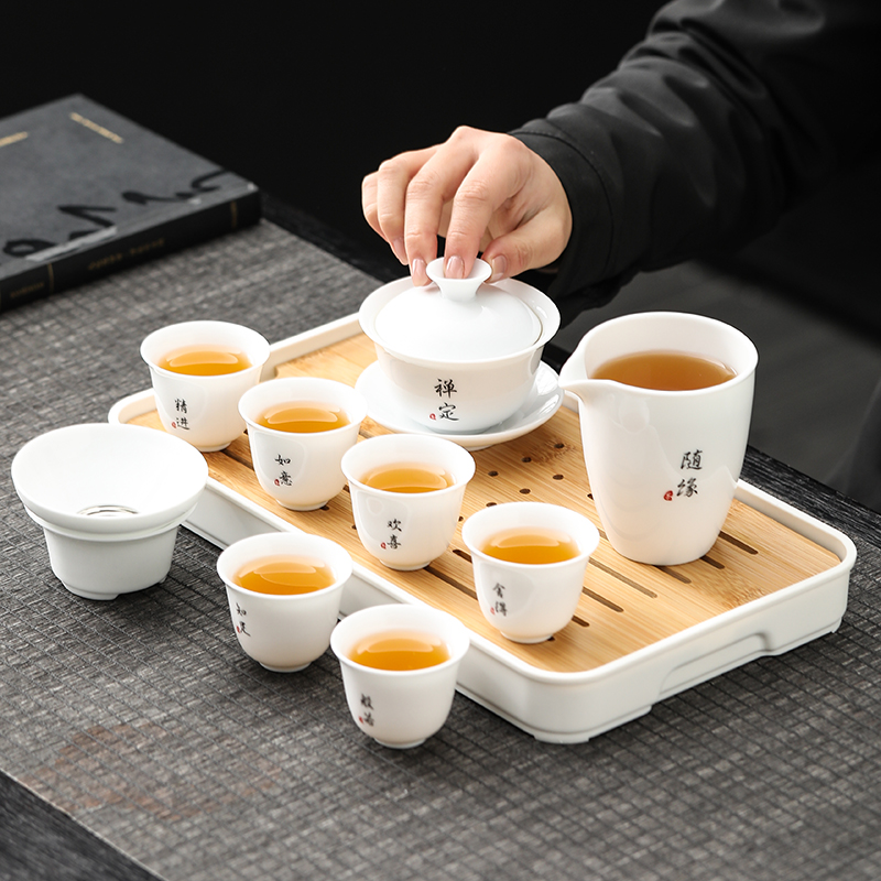 德化白瓷羊脂玉功夫茶具套装家用中式功夫盖碗茶杯陶瓷一人喝茶