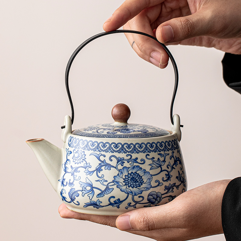 汝窑青花缠枝莲提梁壶家用陶瓷泡茶壶功夫茶具茶杯一人单人泡茶壶