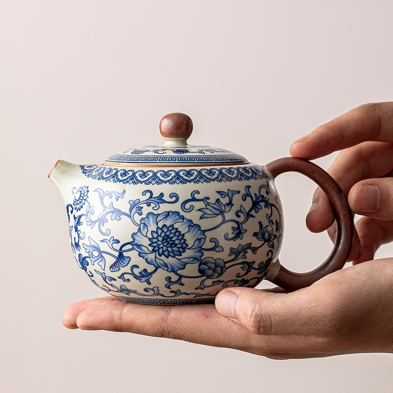 汝窑青花缠枝莲茶壶家用泡茶壶陶瓷球孔过滤功夫茶具茶杯一人泡茶