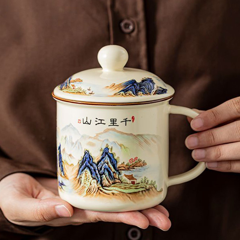 汝窑带盖大容量个人专用杯子陶瓷茶杯带盖水杯办公室马克杯牛奶杯
