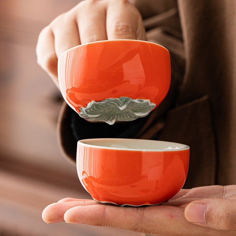 柿柿如意茶杯主人杯功夫茶具柿子品茗杯陶瓷喝茶小杯子套装茶道杯图片