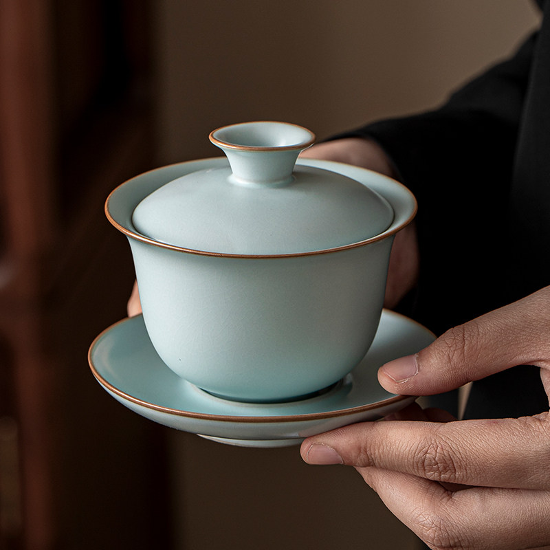 天青汝窑盖碗茶杯高档泡茶碗三件套单个三才大号功夫家用茶具套装