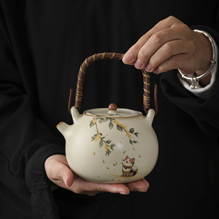 汝窑米黄茶壶家用大号泡茶壶单壶高档开片可养陶瓷泡茶器功夫茶具