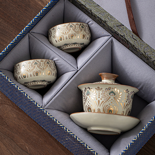 敦煌高端汝窑三才盖碗功夫茶具家用泡茶碗带盖茶杯茶盅一个饮套装