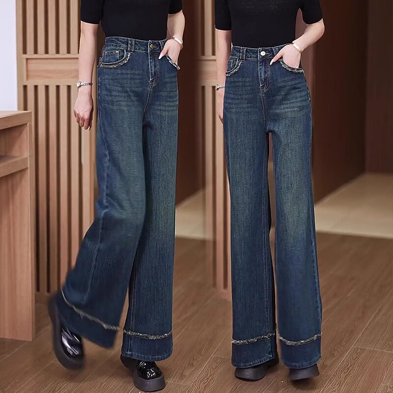 复古深蓝色阔腿牛仔裤女2025春秋冬季新款高腰宽松加绒毛边直筒裤