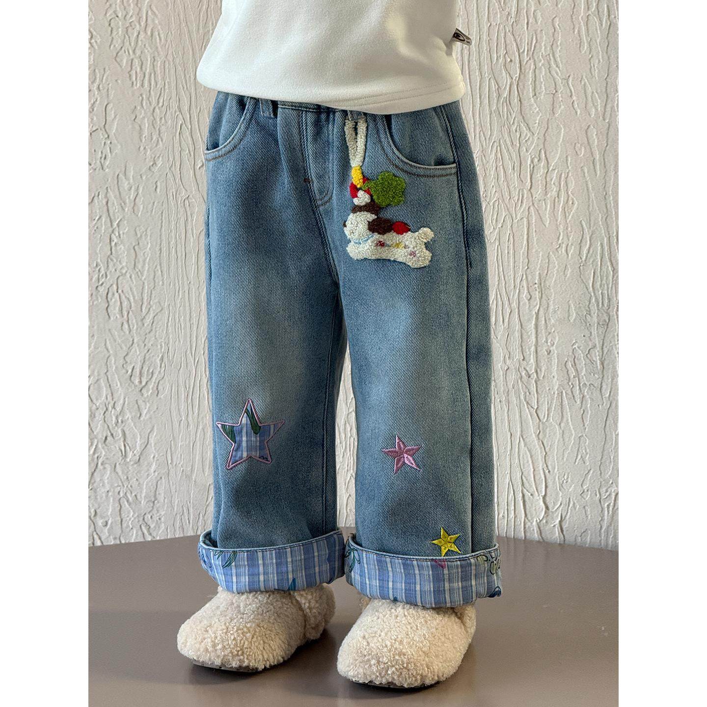 女童加绒牛仔裤2025小狗新款女宝宝一体绒秋冬季加厚薄绒直筒裤子