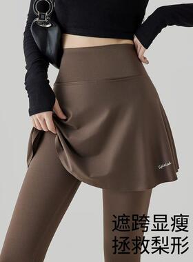 假两件鲨鱼打底裤女2025新款短裙子瑜伽裙裤大码胖mm健身运动屁帘