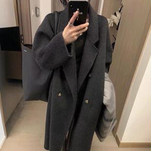 黑灰色双面羊毛呢子大衣女2025冬季新款高级感慵懒小个子毛呢外套