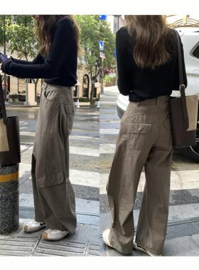 OONA小个子收胯扁形身材工装裤女秋150宽松中腰阔腿弯刀休闲裤xs