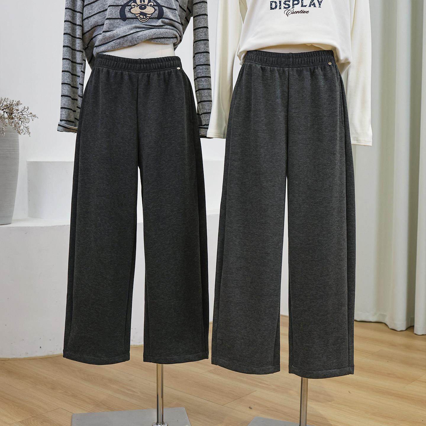 松紧腰小个子加绒九分弯刀阔腿裤女冬季慵懒风宽松休闲直筒运动裤