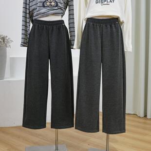 松紧腰小个子加绒九分弯刀阔腿裤女冬季慵懒风宽松休闲直筒运动裤