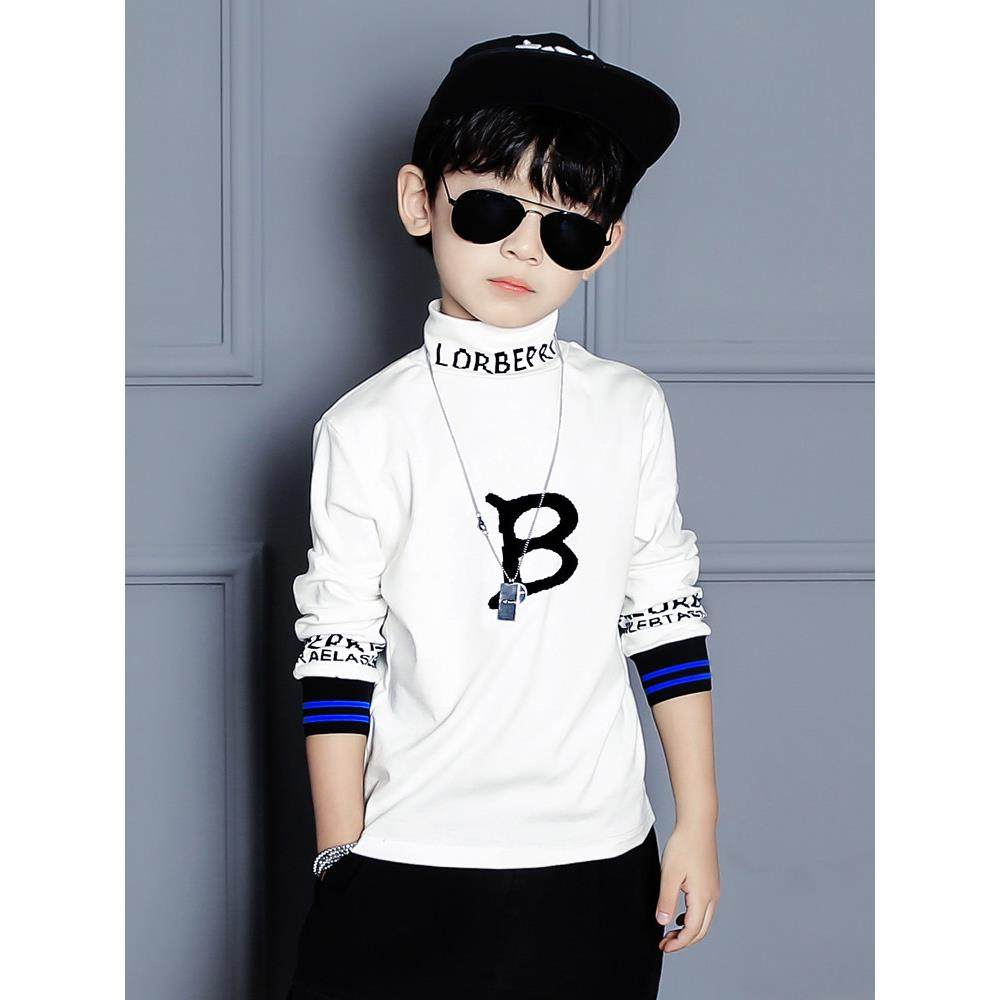 男童长袖t恤秋上衣加绒超好看2025新款纯棉内搭白色半高领打底衫