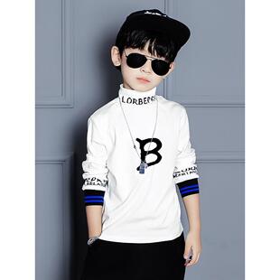 男童长袖t恤秋上衣加绒超好看2025新款纯棉内搭白色半高领打底衫