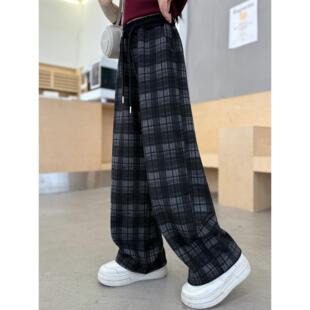 女童冬季加绒裤子2025新款冬装大童时尚休闲格子裤儿童阔腿裤秋冬