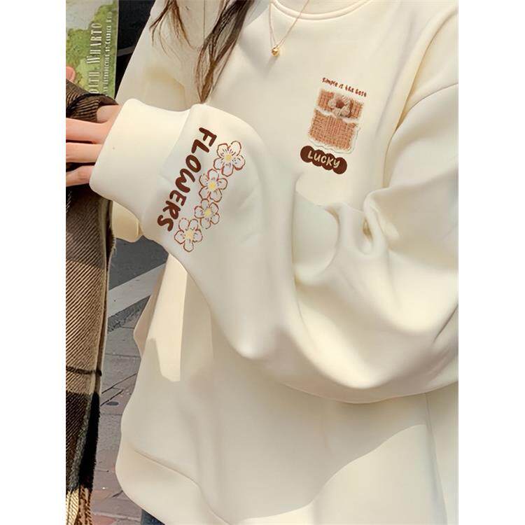 美式覆古纯棉圆领卫衣女胖mm大码秋冬宽松设计感小众情侣加绒上衣