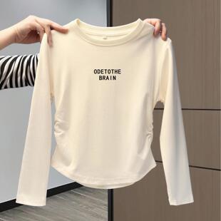 大童女童纯棉长袖t恤圆领短款春秋装儿童打底衫内搭修身白色上衣