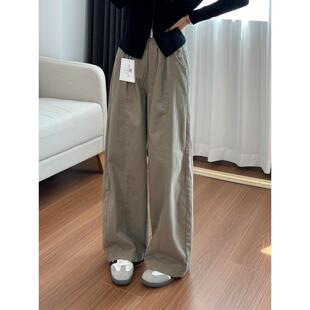 卡其色美式直筒弯刀裤子女大码秋季胖mm显瘦小个子阔腿休闲工装裤