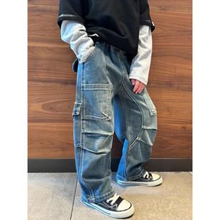 男童牛仔阔腿工装裤子2025秋季新品潮流街舞走秀宽松宝宝儿童长裤