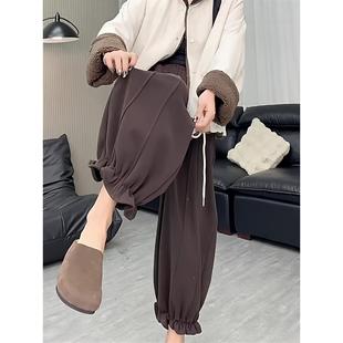束脚花苞边甜椒裤女2025年秋冬欧货加绒松紧腰休闲阔腿卫裤九分裤