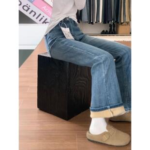 深蓝色高腰微喇牛仔裤女冬季加绒加厚大码胖mm弹力遮胯喇叭马蹄裤