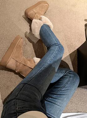毛边小脚紧身休闲加绒牛仔裤女士秋冬季配靴子一体绒弹力铅笔长裤