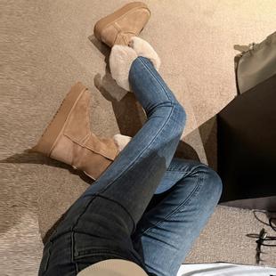 毛边小脚紧身休闲加绒牛仔裤女士秋冬季配靴子一体绒弹力铅笔长裤