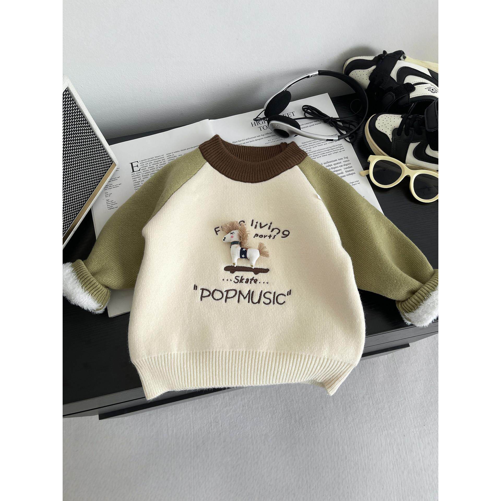 儿童毛衣秋冬一体绒宝宝针织衫加绒加厚男童羊绒衫内搭婴儿打底衫