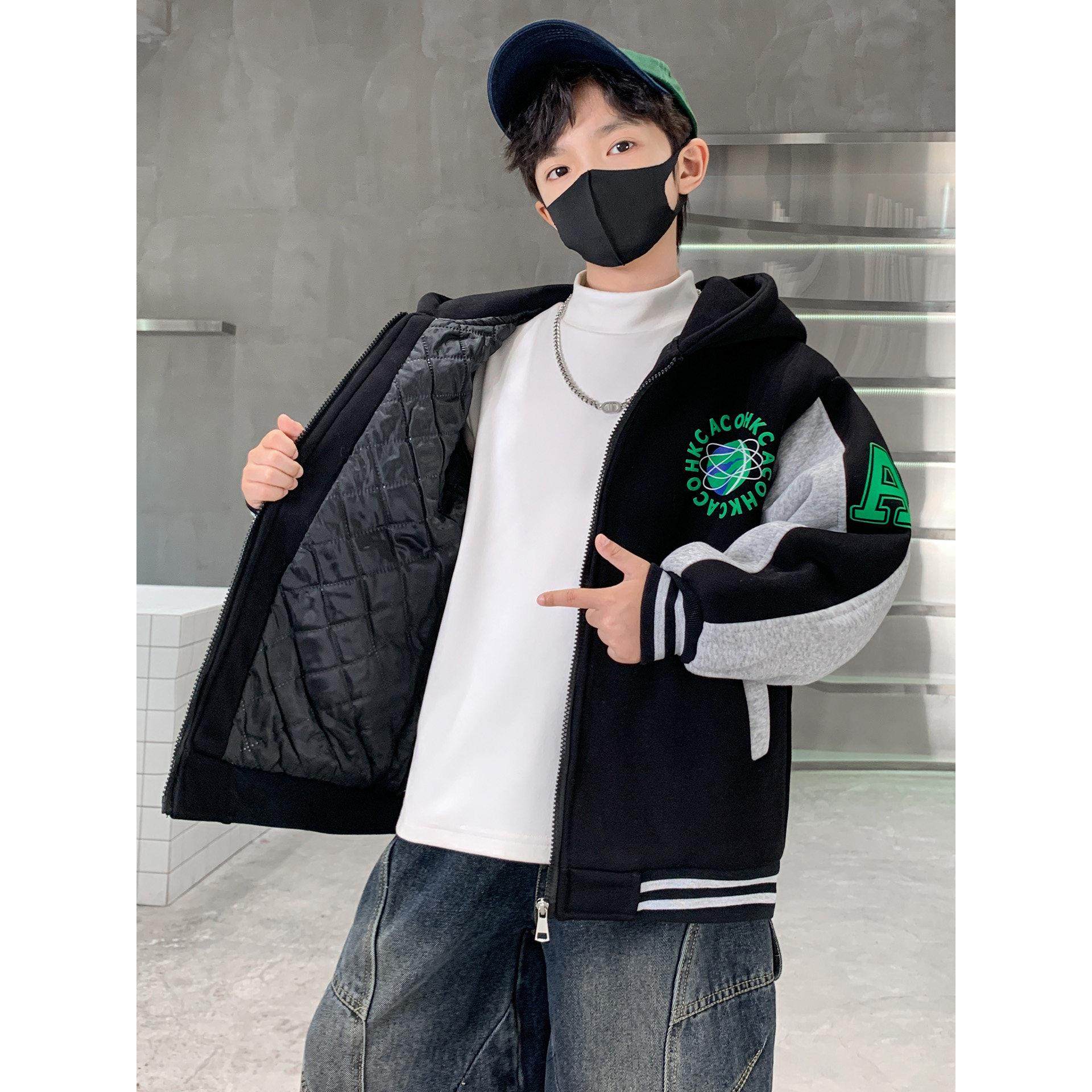 男童外套秋冬款洋气儿童秋装夹棉加厚棒球服中大童连帽运动卫衣潮