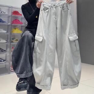 加绒加厚弯刀牛仔裤女秋冬季宽松工装裤子大码胖mm显瘦直筒阔腿裤