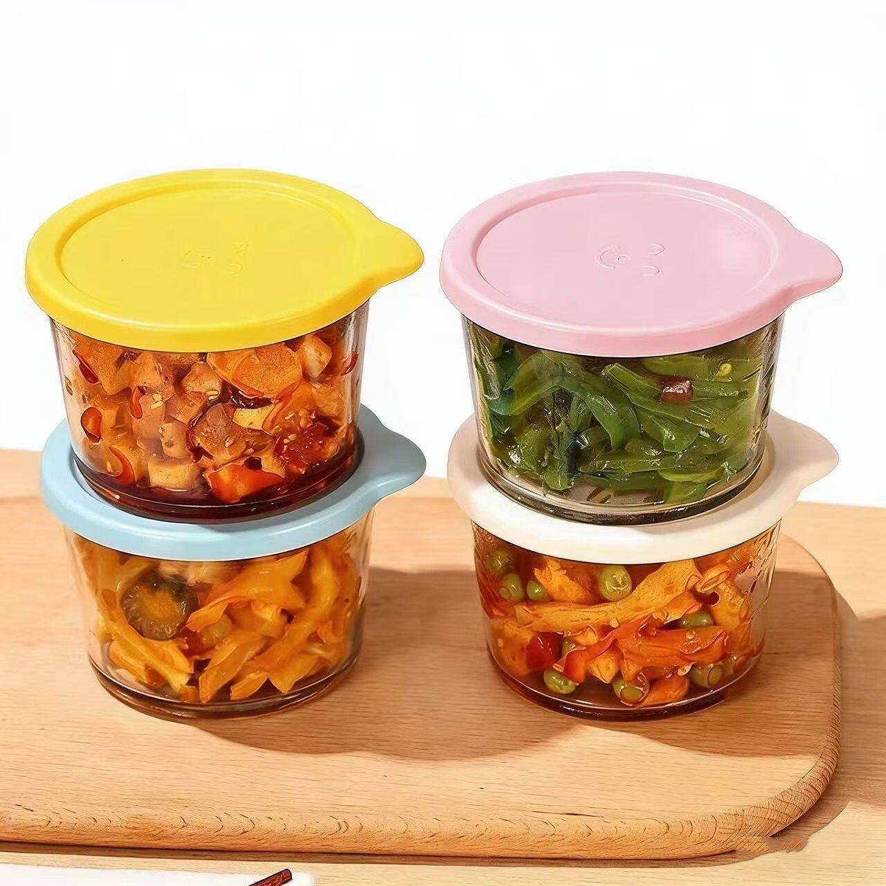 【4只装】玻璃小碗带盖食品级咸菜密封罐保鲜盒冰箱小菜泡分装盒