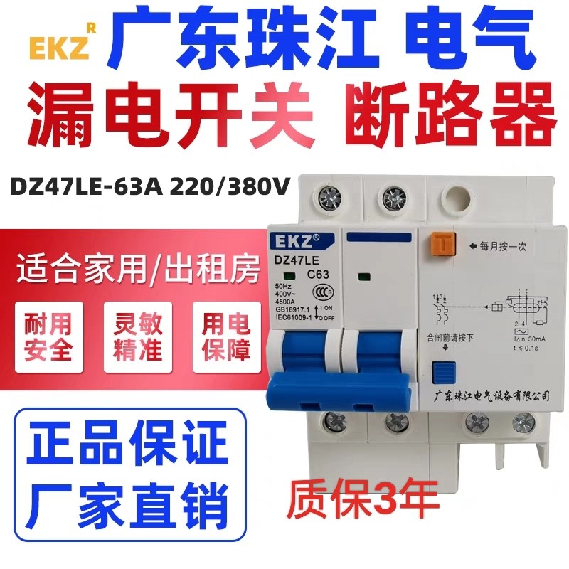 广东珠江漏电DZ47-型家用出租房2P32A40A63A100A总闸漏电保护开关