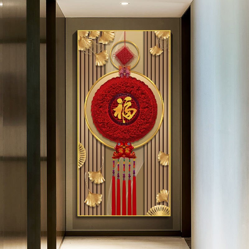 自粘装饰画3D立体玄关贴画新中式入户正对门墙贴客厅防水壁纸壁画