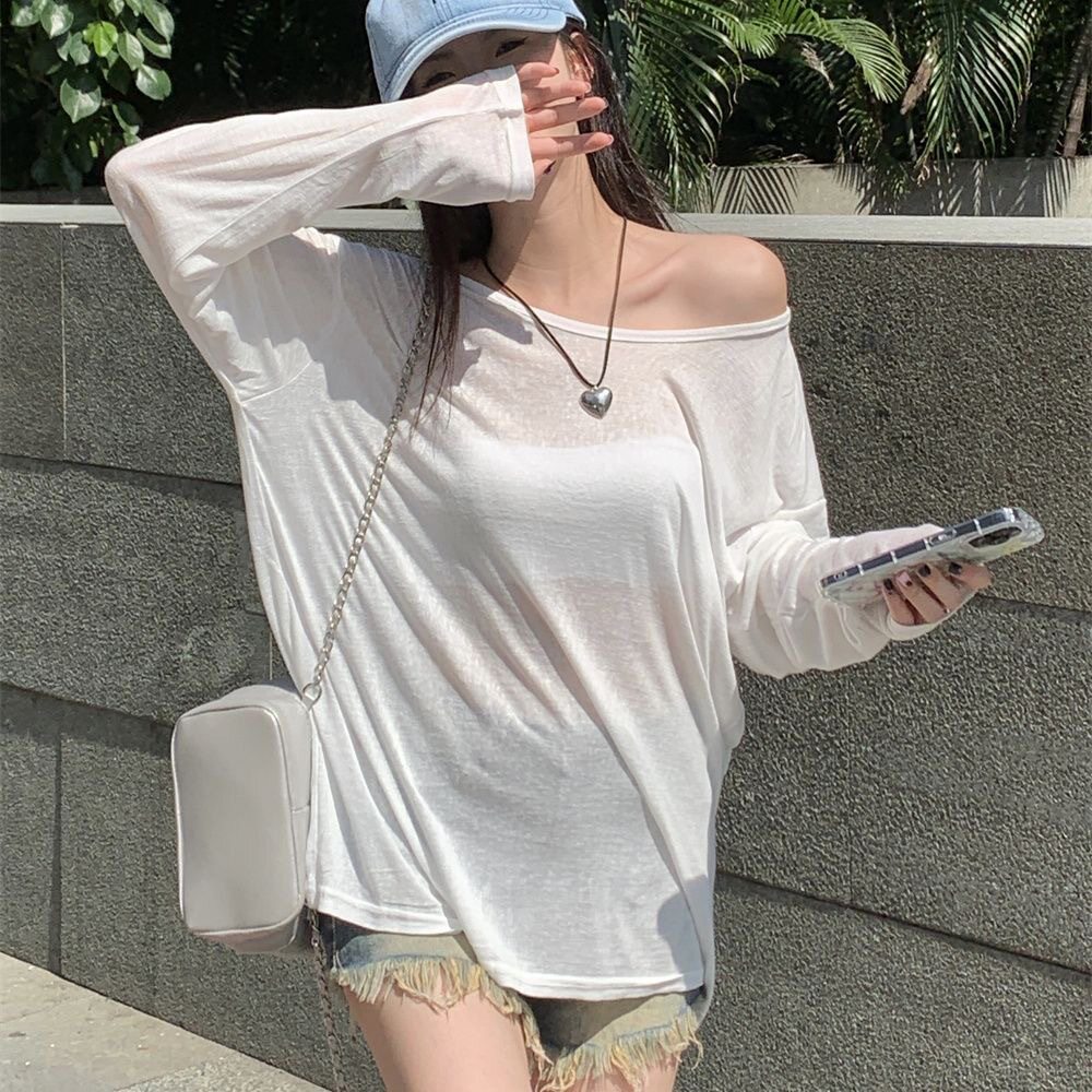 美式慵懒露肩防晒罩衫t恤女夏季